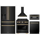 ZLINE 5-Piece Appliance Package - 30-Inch Paramount Dual Fuel Range, Wall Mount Range Hood, 36-Inch French Door Refrigerator with Water Dispenser, Dishwasher, and 30-Inch Microwave Drawer in Black Stainless Steel with Gold Accents