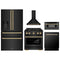 ZLINE 5-Piece Appliance Package - 30-Inch Paramount Dual Fuel Range, Wall Mount Range Hood, 36-Inch French Door Refrigerator with Water Dispenser, Dishwasher, and 30-Inch Microwave Drawer in Black Stainless Steel with Gold Accents