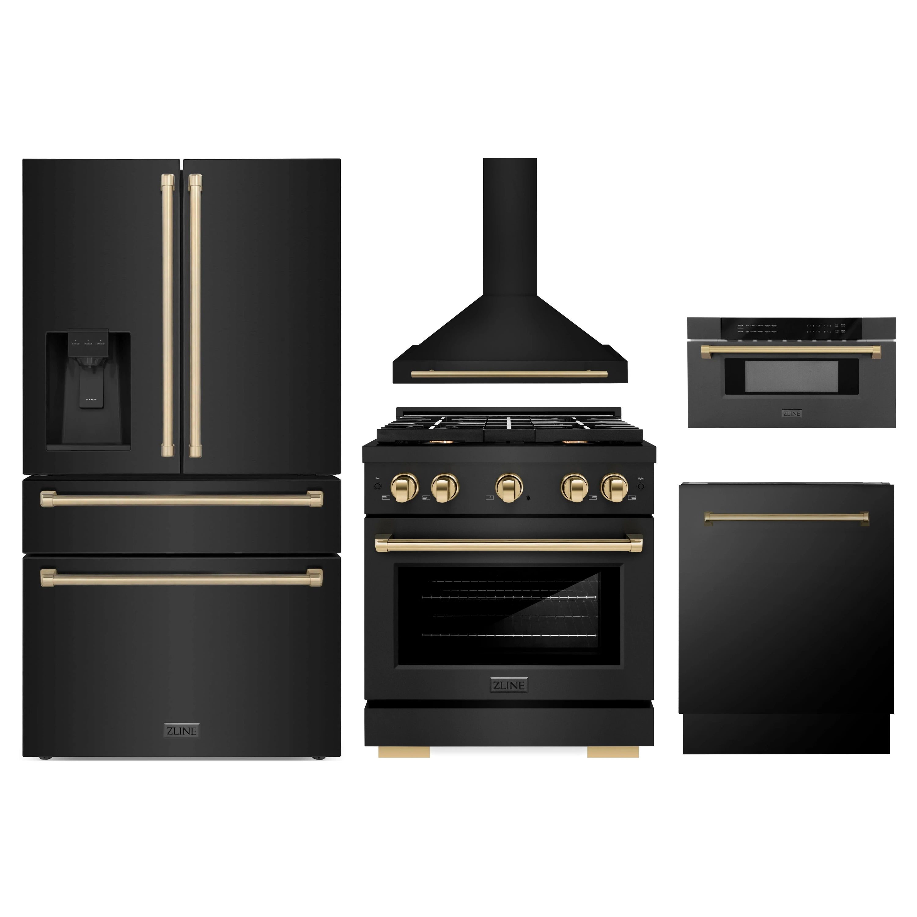 Black stainless appliance package set with champagne bronze accents: range, hood, and refrigeration