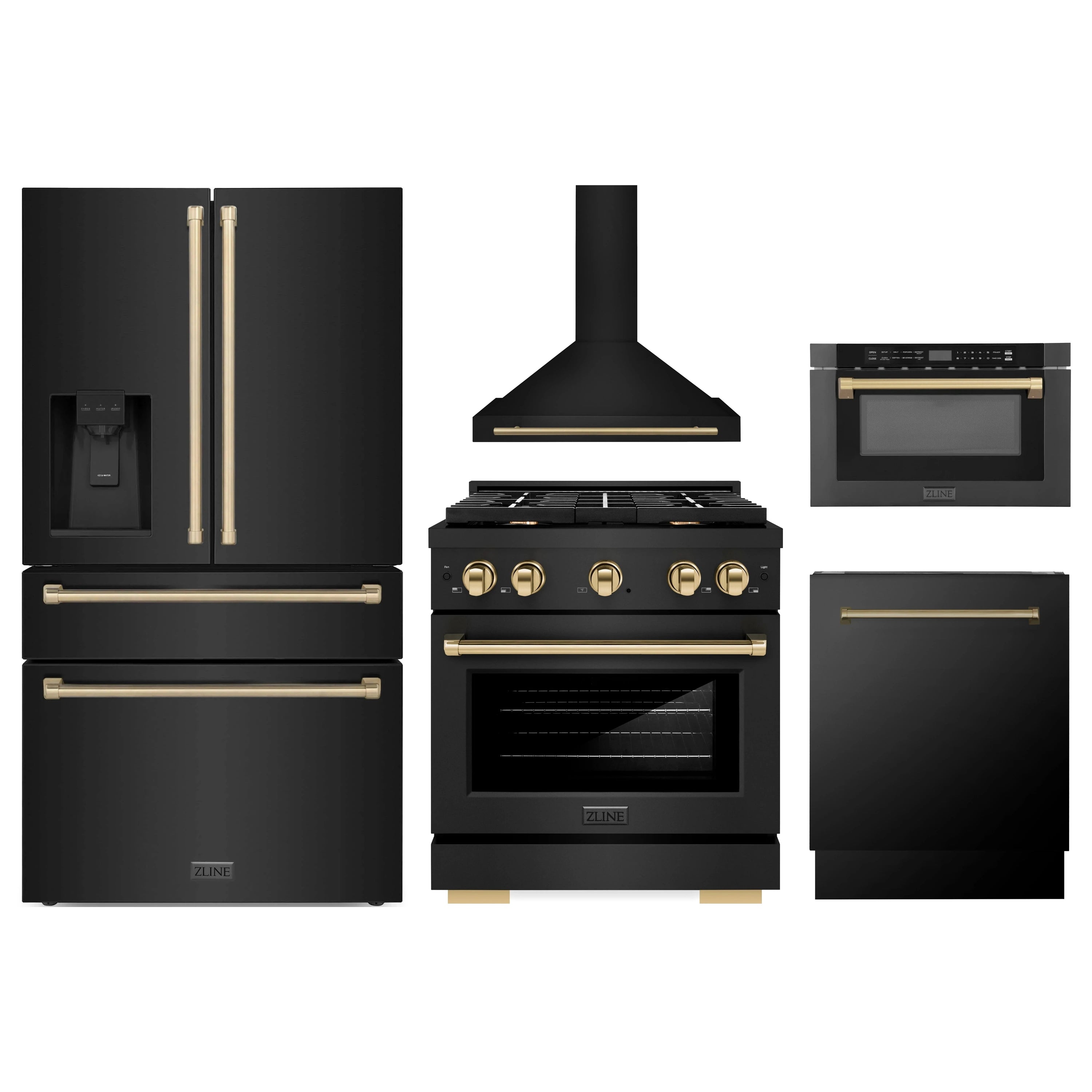 Black stainless appliance set with champagne bronze accents, including range and hood