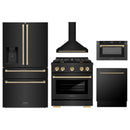 ZLINE 5-Piece Appliance Package - 36-Inch Paramount Dual Fuel Range, Wall Mount Range Hood, 36-Inch French Door Refrigerator with Water Dispenser, Dishwasher, and 30-Inch Microwave Drawer in Black Stainless Steel with Champagne Bronze Accents
