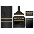 ZLINE 5-Piece Appliance Package - 36-Inch Paramount Dual Fuel Range, Wall Mount Range Hood, 36-Inch French Door Refrigerator with Water Dispenser, Dishwasher, and 24-Inch Microwave Drawer in Black Stainless Steel with Champagne Bronze Accents