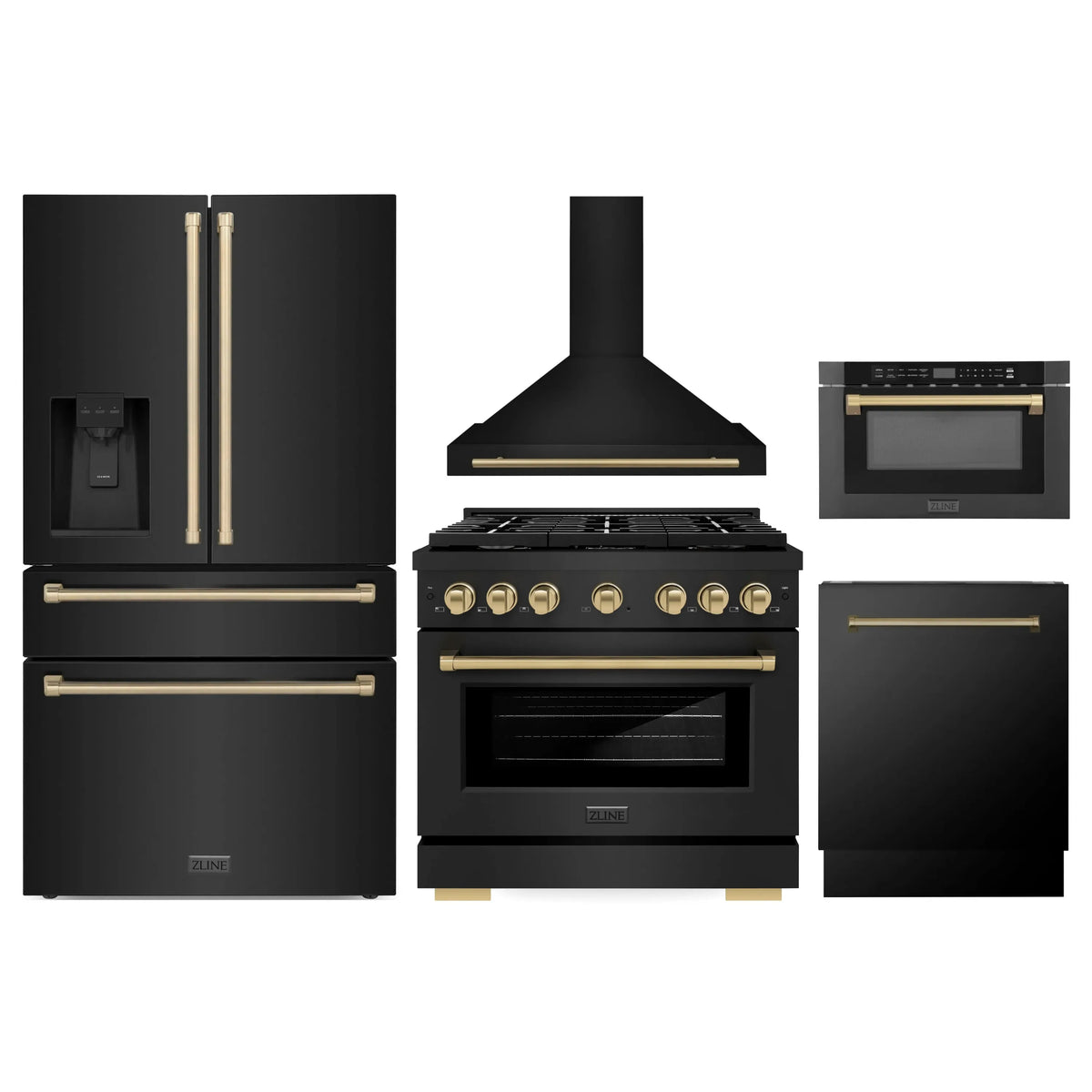 ZLINE 5-Piece Appliance Package - 36-Inch Paramount Dual Fuel Range, Wall Mount Range Hood, 36-Inch French Door Refrigerator with Water Dispenser, Dishwasher, and 24-Inch Microwave Drawer in Black Stainless Steel with Champagne Bronze Accents