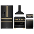 ZLINE 5-Piece Appliance Package - 36-Inch Paramount Dual Fuel Range, Wall Mount Range Hood, 36-Inch French Door Refrigerator with Water Dispenser, Dishwasher, and 30-Inch Microwave Drawer in Black Stainless Steel with Gold Accents