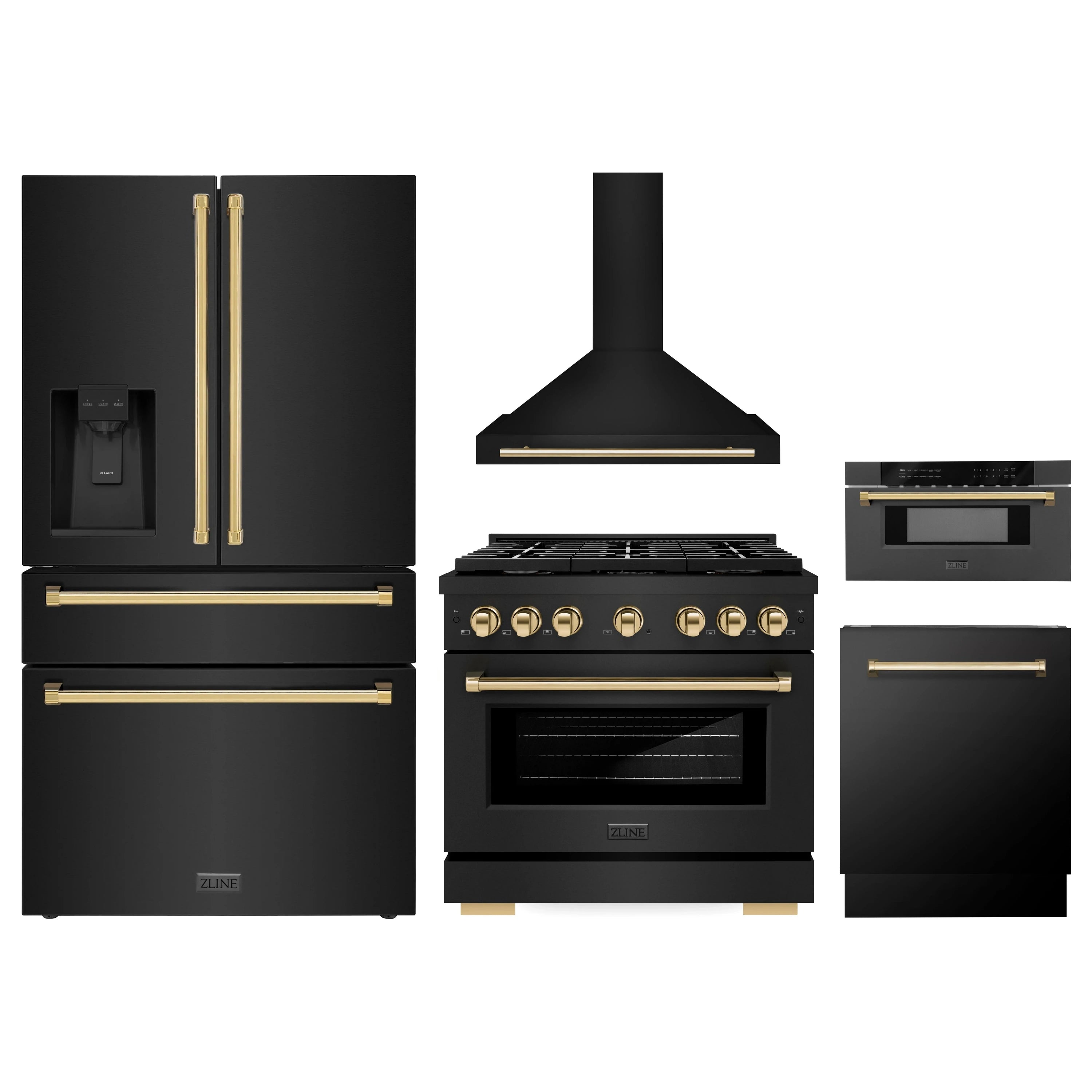 5-piece ZLINE appliance set in black stainless steel with gold accents