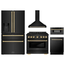 ZLINE 5-Piece Appliance Package - 36-Inch Paramount Dual Fuel Range, Wall Mount Range Hood, 36-Inch French Door Refrigerator with Water Dispenser, Dishwasher, and 30-Inch Microwave Drawer in Black Stainless Steel with Gold Accents