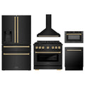 ZLINE 5-Piece Appliance Package - 36-Inch Paramount Dual Fuel Range, Wall Mount Range Hood, 36-Inch French Door Refrigerator with Water Dispenser, Dishwasher, and 24-Inch Microwave Drawer in Black Stainless Steel with Gold Accents