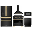 ZLINE 5-Piece Appliance Package - 36-Inch Paramount Dual Fuel Range, Wall Mount Range Hood, 36-Inch French Door Refrigerator with Water Dispenser, Dishwasher, and 30-Inch Microwave Drawer in Black Stainless Steel with Gold Accents