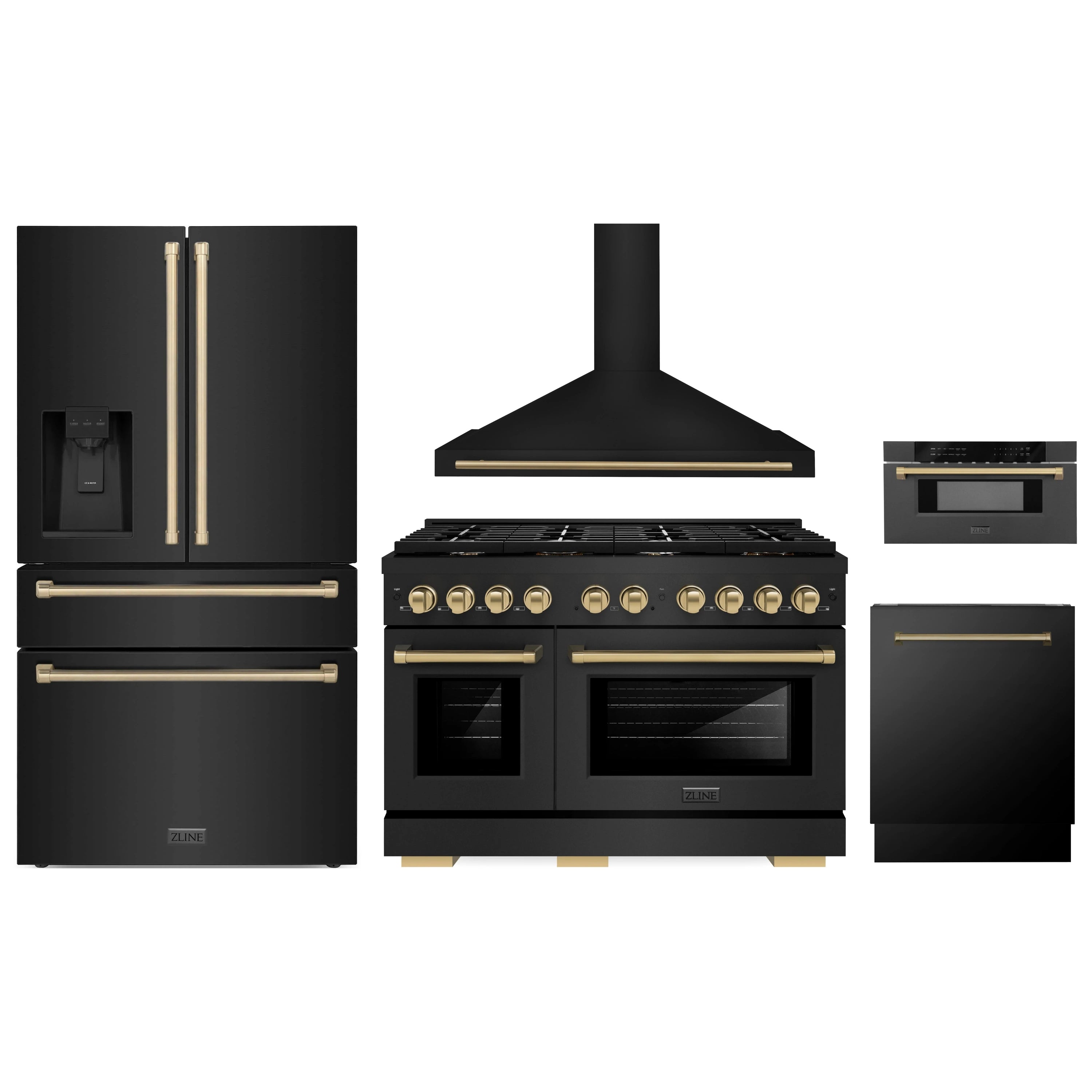 Black appliance package with champagne bronze accents: refrigerator, range, hood, and dishwasher