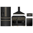 ZLINE 5-Piece Appliance Package - 48-Inch Paramount Dual Fuel Range, Wall Mount Range Hood, 36-Inch French Door Refrigerator with Water Dispenser, Dishwasher, and 30-Inch Microwave Drawer in Black Stainless Steel with Champagne Bronze Accents
