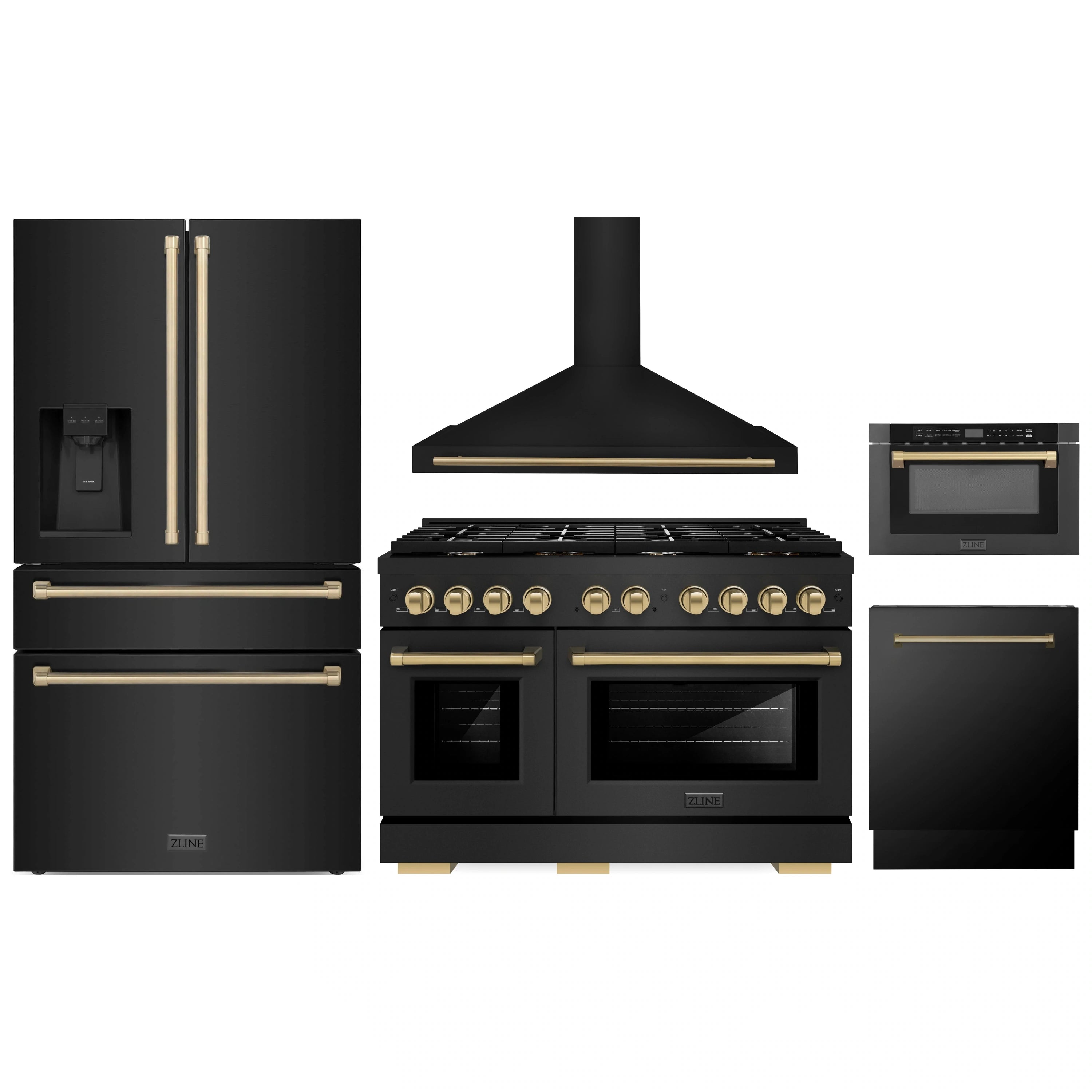 5-piece kitchen appliance set in black stainless steel with champagne bronze accents
