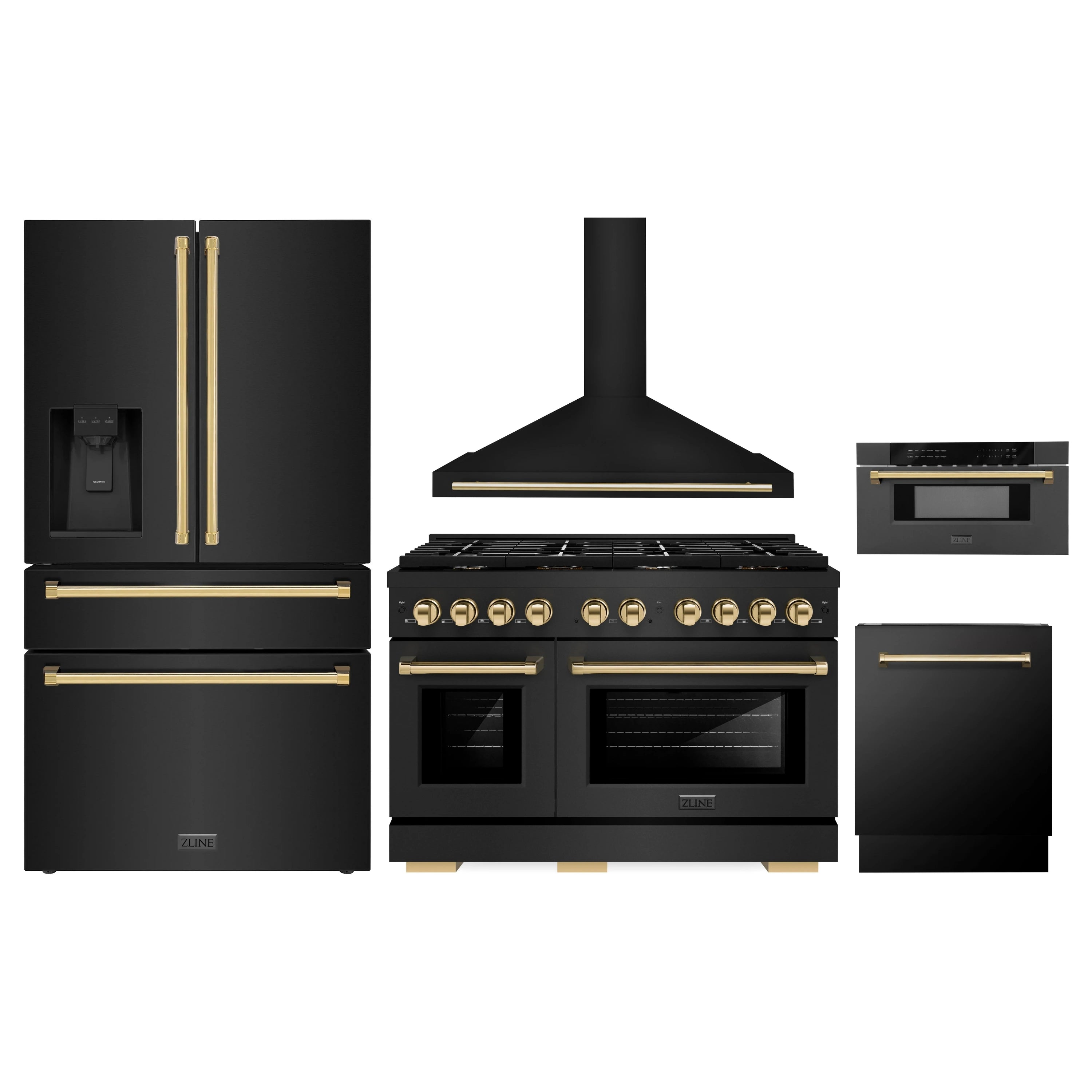 ZLINE black stainless appliance package with gold-accent range, hood, and refrigerator