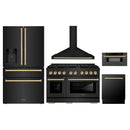 ZLINE 5-Piece Appliance Package - 48-Inch Paramount Dual Fuel Range, Wall Mount Range Hood, 36-Inch French Door Refrigerator with Water Dispenser, Dishwasher, and 30-Inch Microwave Drawer in Black Stainless Steel with Gold Accents