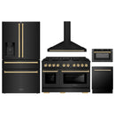 ZLINE 5-Piece Appliance Package - 48-Inch Paramount Dual Fuel Range, Wall Mount Range Hood, 36-Inch French Door Refrigerator with Water Dispenser, Dishwasher, and 30-Inch Microwave Drawer in Black Stainless Steel with Gold Accents