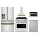 ZLINE 5-Piece Appliance Package - 30-Inch Paramount Dual Fuel Range, Wall Mount Range Hood, 36-Inch French Door Refrigerator with Water Dispenser, Dishwasher, and 30-Inch Microwave Drawer in Stainless Steel with Champagne Bronze Accents