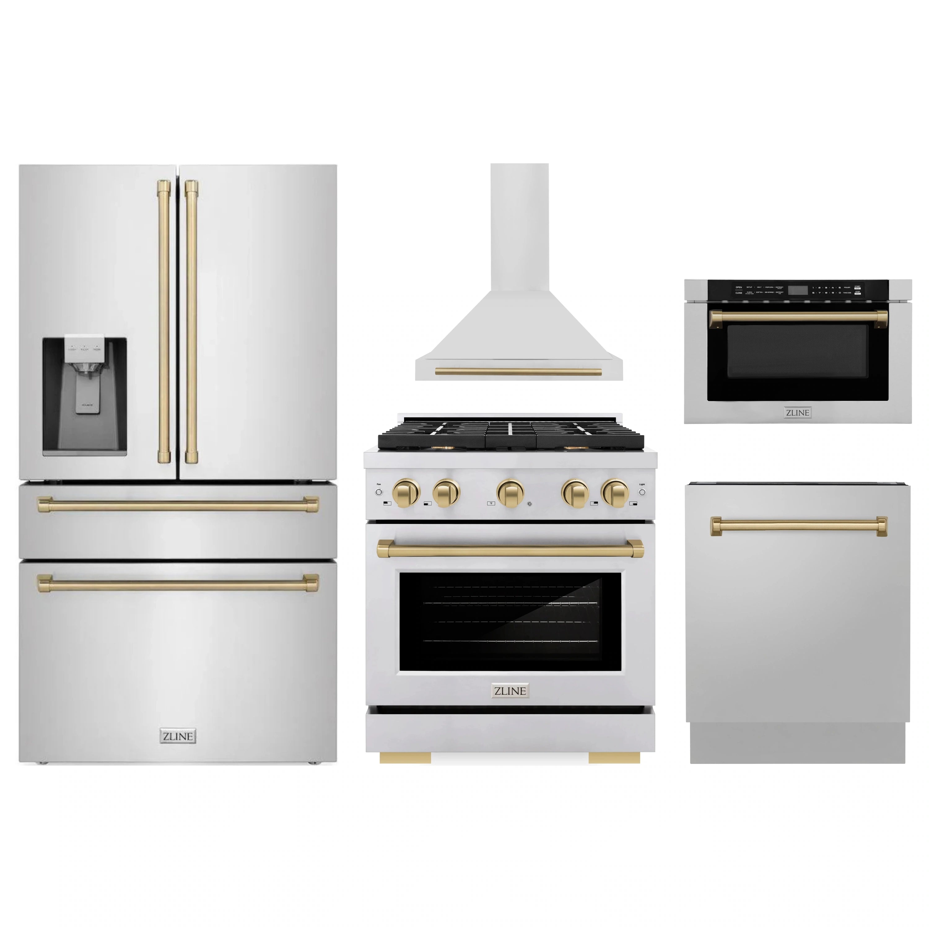 5-piece stainless steel appliance package set with champagne bronze accents