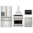 ZLINE 5-Piece Appliance Package - 30-Inch Paramount Autograph Dual Fuel Range, Wall Mount Range Hood, 36-Inch French Door Refrigerator with Water Dispenser, Dishwasher, and 30-Inch Microwave Drawer in Stainless Steel with Champagne Bronze Accents