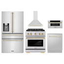 ZLINE 5-Piece Appliance Package - 30-Inch Paramount Dual Fuel Range, Wall Mount Range Hood, 36-Inch French Door Refrigerator with Water Dispenser, Dishwasher, and 30-Inch Microwave Drawer in Stainless Steel with Gold Accents