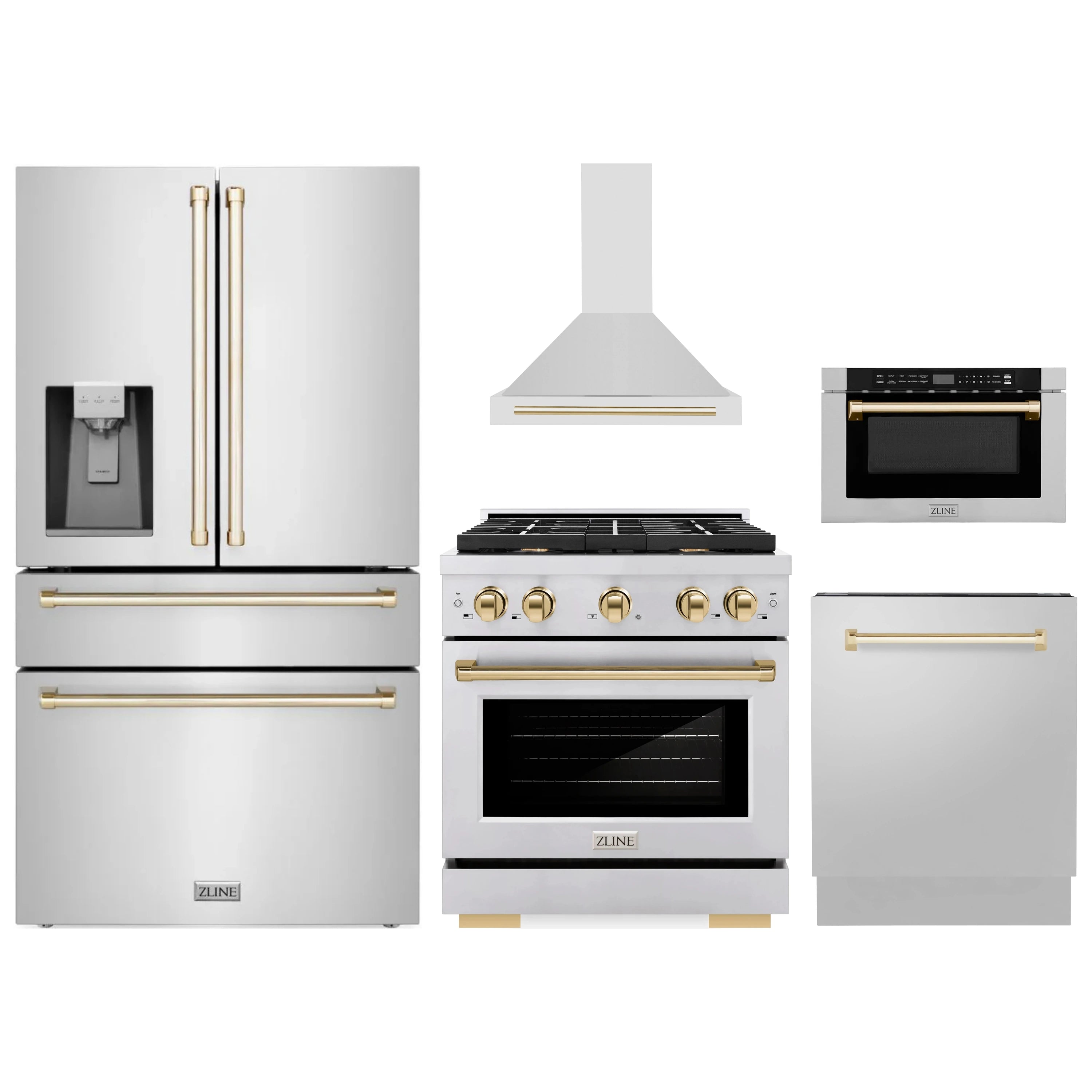 Stainless steel appliance set with gold accents: fridge, range, hood, microwave, dishwasher