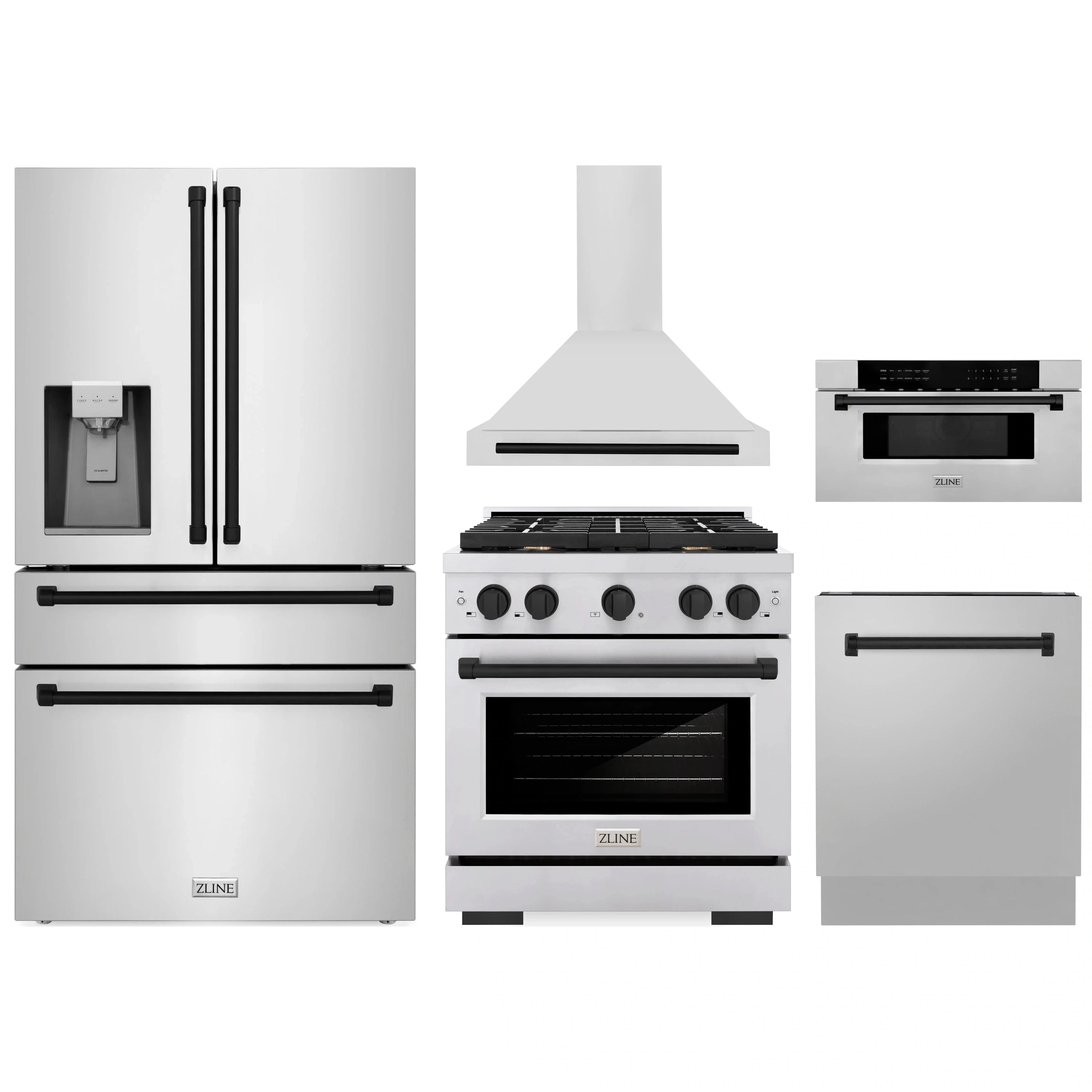 Stainless steel appliance package set with refrigerator, range, microwave, and dishwasher