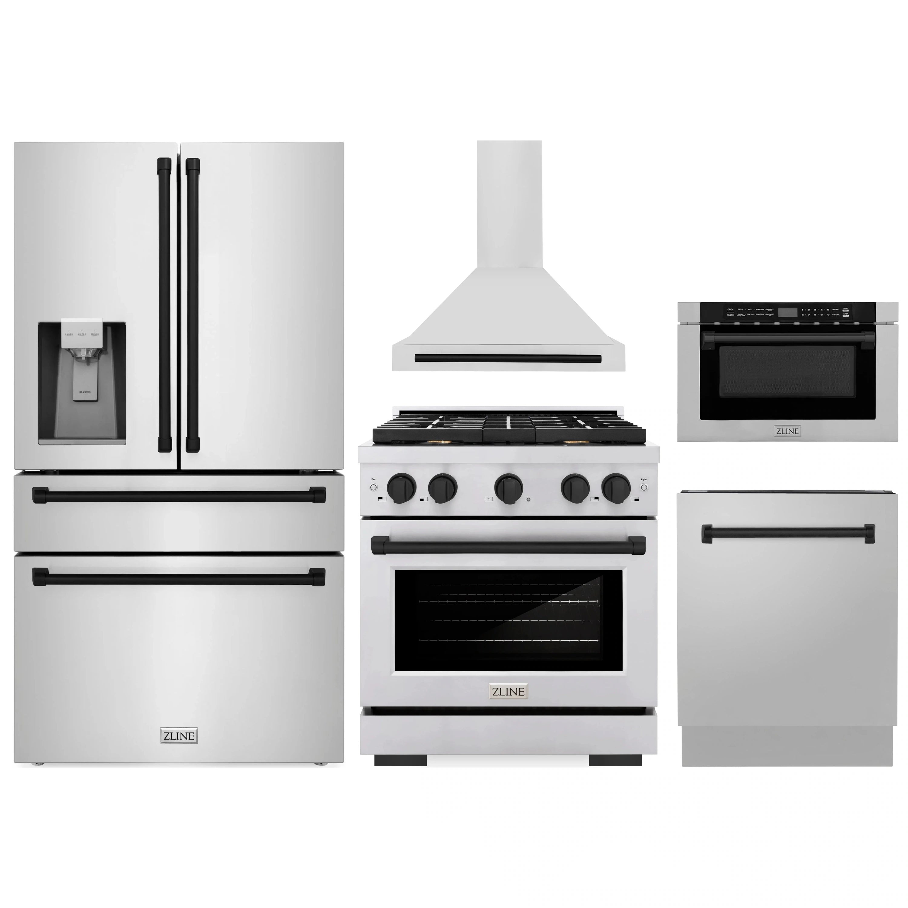 Stainless steel appliance package with refrigerator, range, hood, and microwave components