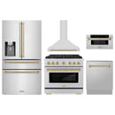 ZLINE 5-Piece Appliance Package - 36-Inch Paramount Dual Fuel Range, Wall Mount Range Hood, 36-Inch French Door Refrigerator with Water Dispenser, Dishwasher, and 30-Inch Microwave Drawer in Stainless Steel with Champagne Bronze Accents