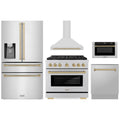 ZLINE 5-Piece Appliance Package - 36-Inch Paramount Autograph Dual Fuel Range, Wall Mount Range Hood, 36-Inch French Door Refrigerator with Water Dispenser, Dishwasher, and 24-Inch Microwave Drawer in Stainless Steel with Champagne Bronze Accents