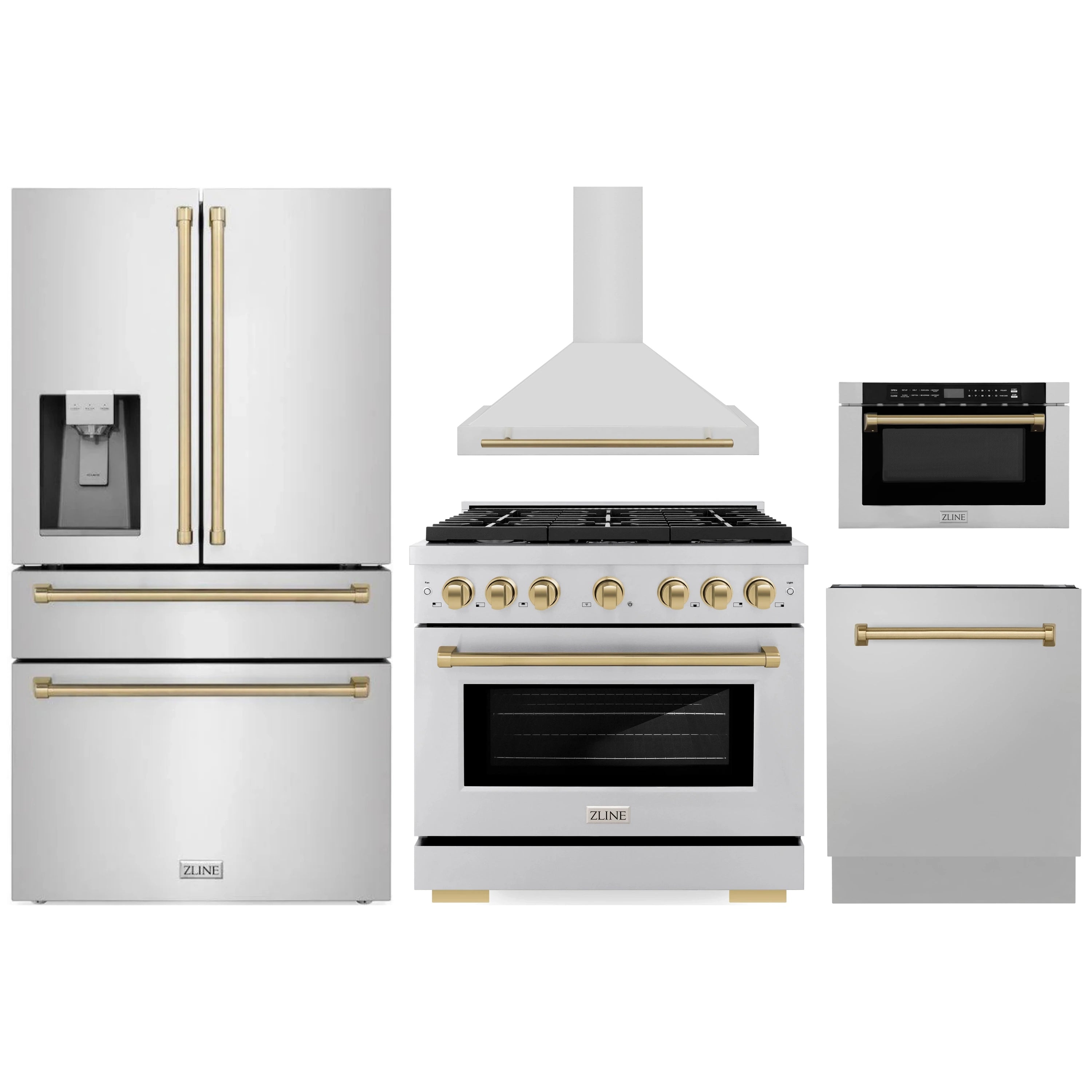 Stainless steel kitchen appliance package with champagne bronze accents