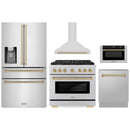 ZLINE 5-Piece Appliance Package - 36-Inch Paramount Autograph Dual Fuel Range, Wall Mount Range Hood, 36-Inch French Door Refrigerator with Water Dispenser, Dishwasher, and 30-Inch Microwave Drawer in Stainless Steel with Champagne Bronze Accents