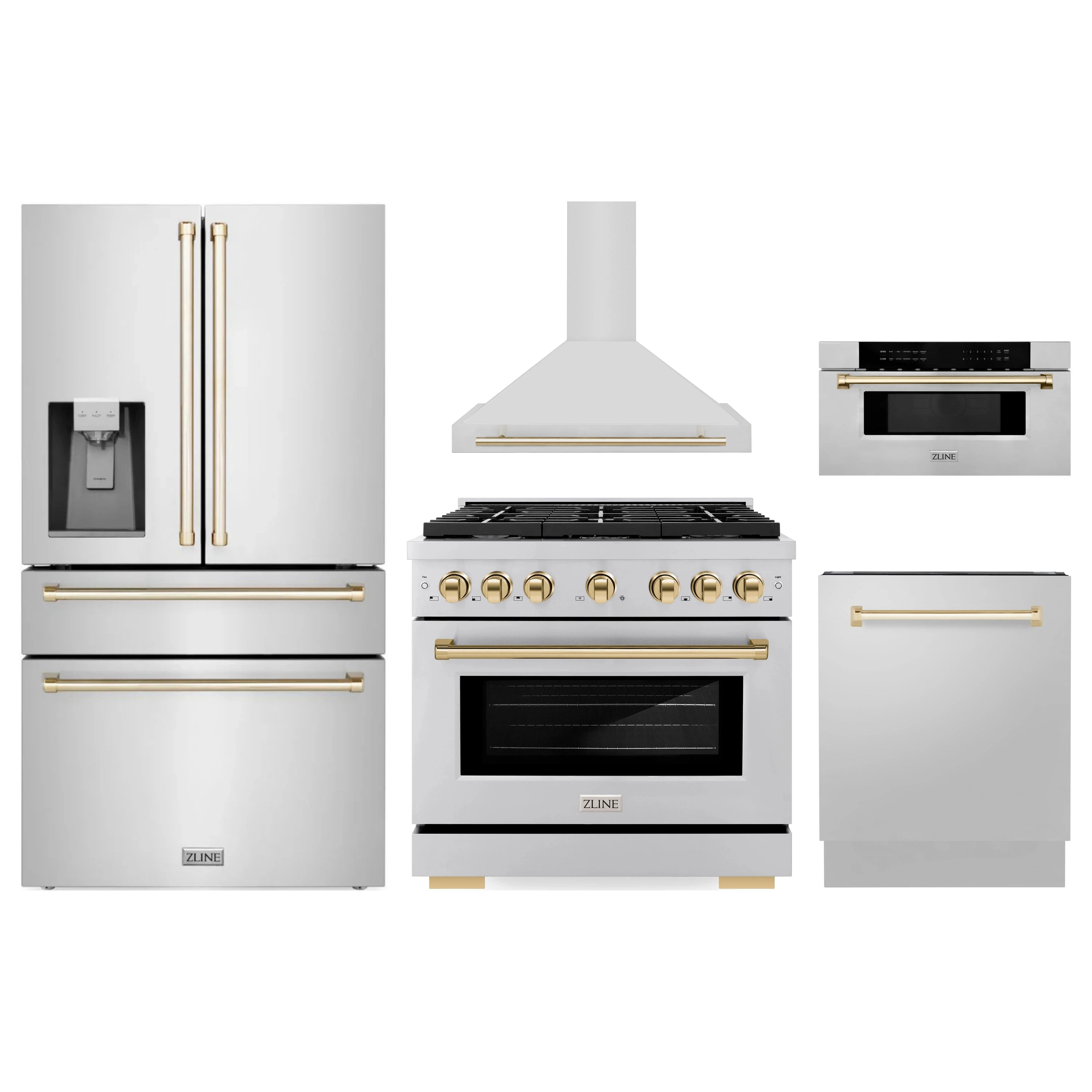 Stainless steel appliance package with ZLINE range, hood, fridge, microwave, and dishwasher