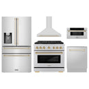 ZLINE 5-Piece Appliance Package - 36-Inch Paramount Dual Fuel Range, Wall Mount Range Hood, 36-Inch French Door Refrigerator with Water Dispenser, Dishwasher, and 30-Inch Microwave Drawer in Stainless Steel with Gold Accents