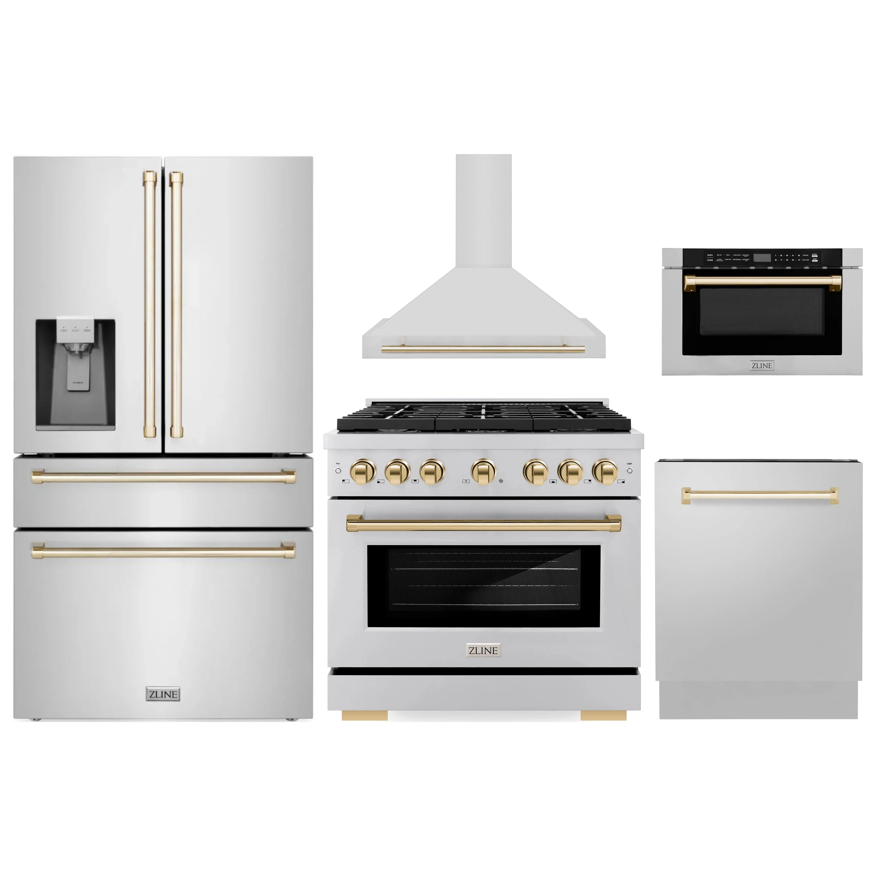 ZLINE kitchen appliance set with range, refrigerator, hood, and microwave in white