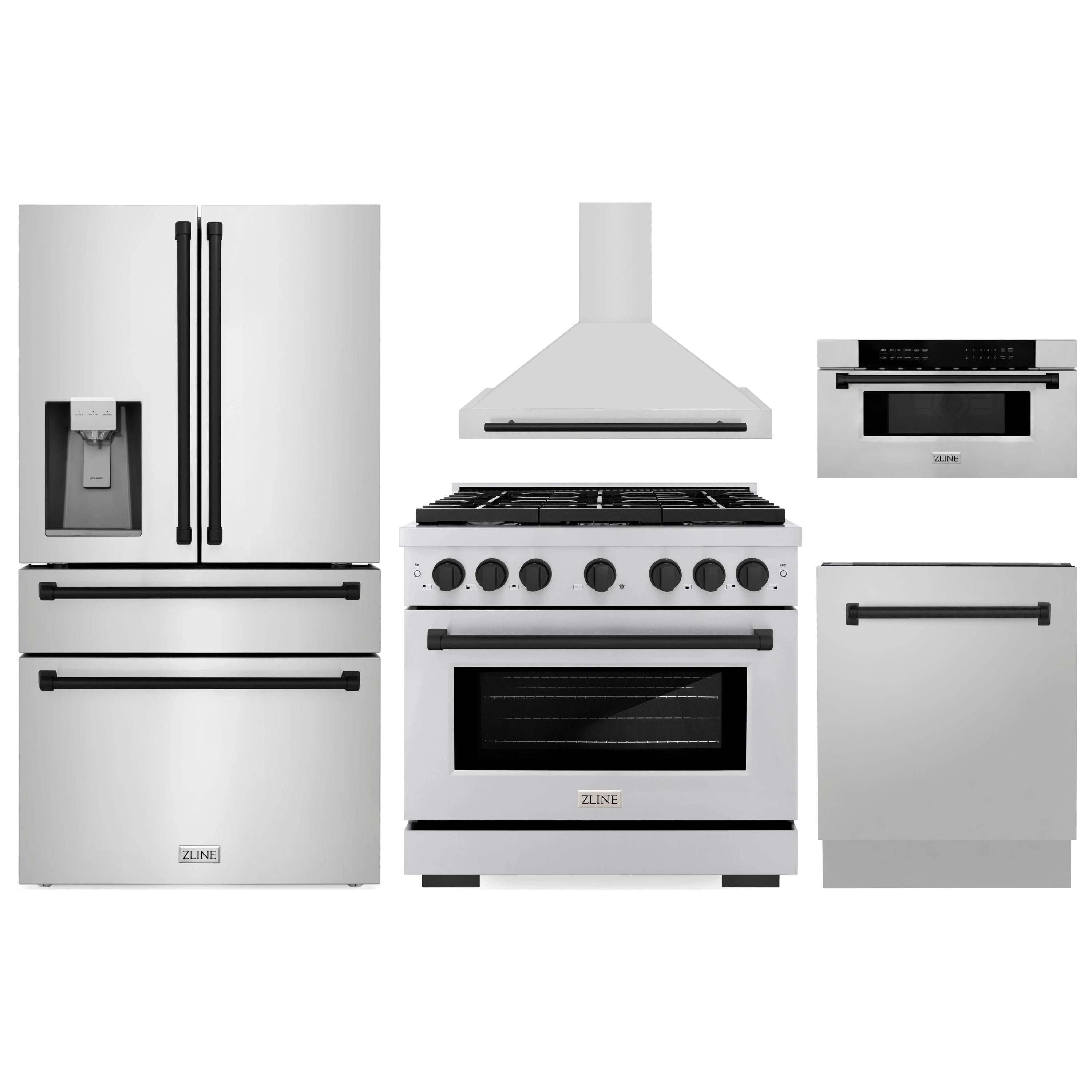 Stainless steel kitchen appliance set with refrigerator, range, hood, and microwave drawer