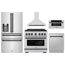 ZLINE 5-Piece Appliance Package - 36-Inch Paramount Dual Fuel Range, Wall Mount Range Hood, 36-Inch French Door Refrigerator with Water Dispenser, Dishwasher, and 30-Inch Microwave Drawer in Stainless Steel with Matte Black Accents