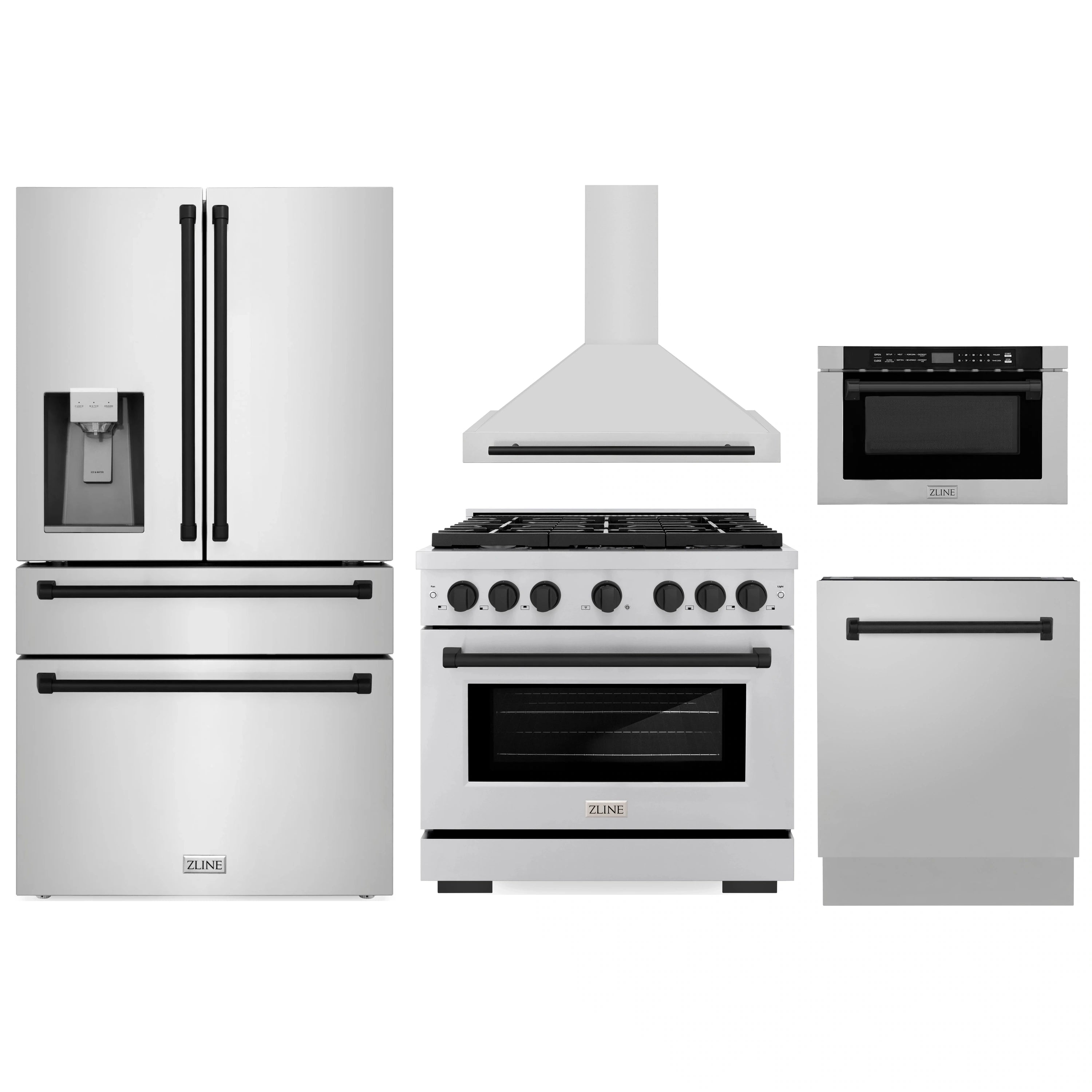 Stainless steel 5-piece appliance package with range, hood, refrigerator, dishwasher, microwave