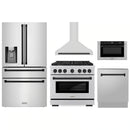 ZLINE 5-Piece Appliance Package - 36-Inch Paramount Autograph Dual Fuel Range, Wall Mount Range Hood, 36-Inch French Door Refrigerator with Water Dispenser, Dishwasher, and 30-Inch Microwave Drawer in Stainless Steel with Matte Black Accents