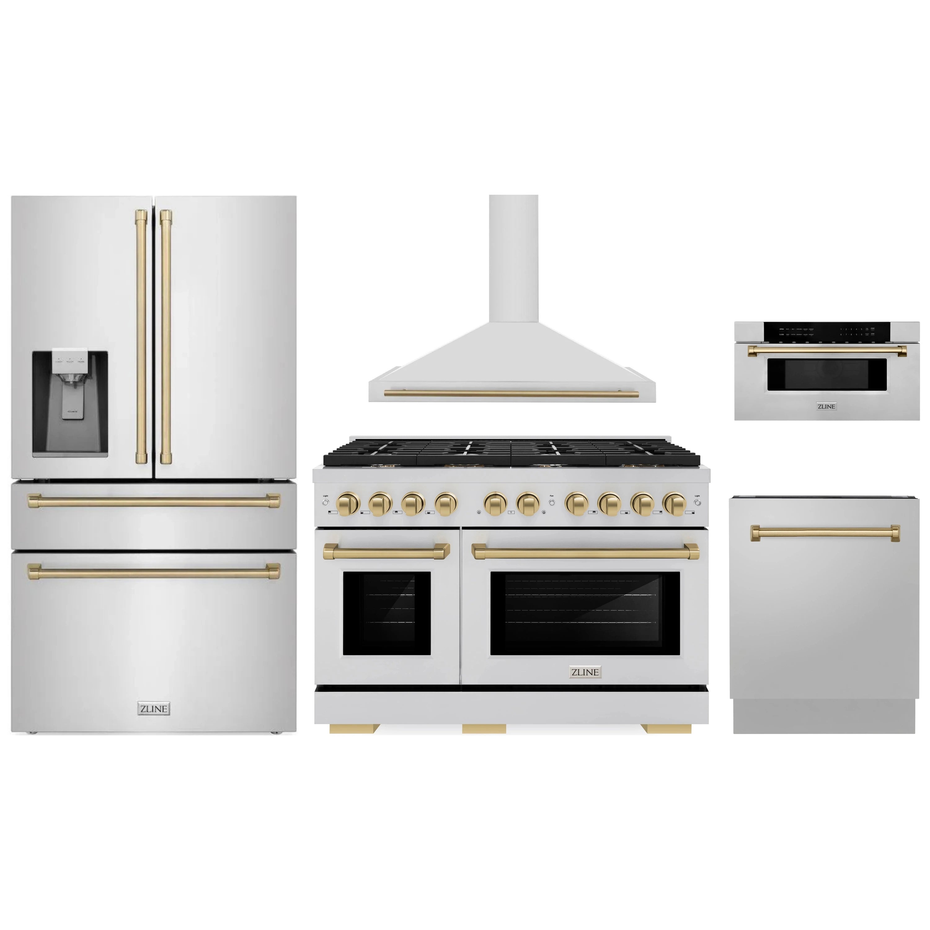 ZLINE 5-piece appliance package with stainless steel units and champagne bronze accents