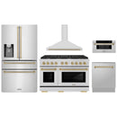 ZLINE 5-Piece Appliance Package - 48-Inch Paramount Dual Fuel Range, Wall Mount Range Hood, 36-Inch French Door Refrigerator with Water Dispenser, Dishwasher, and 30-Inch Microwave Drawer in Stainless Steel with Champagne Bronze Accents