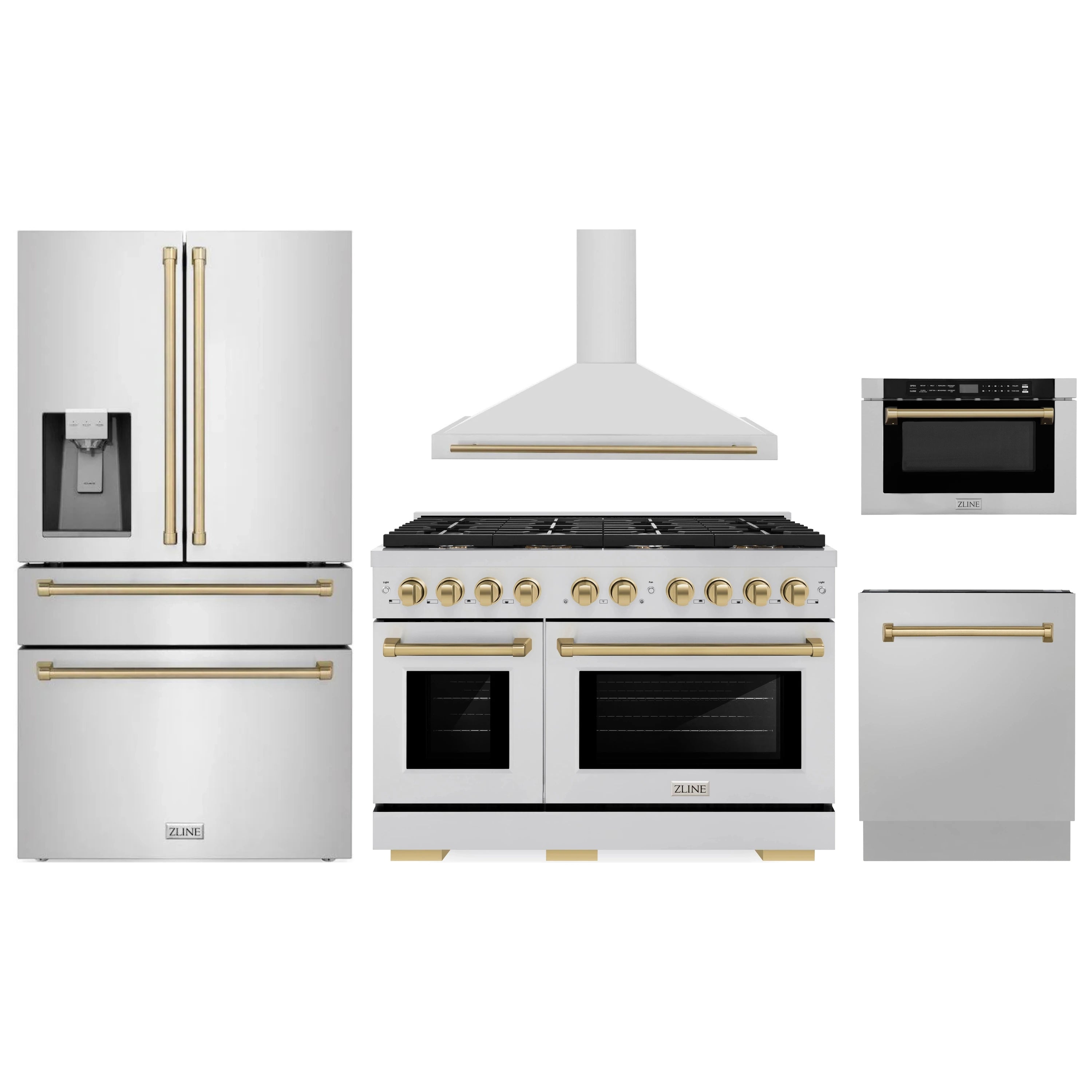 Stainless steel appliance package set with range, range hood, refrigerator, and microwave drawer