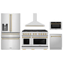 ZLINE 5-Piece Appliance Package - 48-Inch Paramount Autograph Dual Fuel Range, Wall Mount Range Hood, 36-Inch French Door Refrigerator with Water Dispenser, Dishwasher, and 30-Inch Microwave Drawer in Stainless Steel with Champagne Bronze Accents