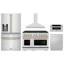 ZLINE 5-Piece Appliance Package - 48-Inch Paramount Dual Fuel Range, Wall Mount Range Hood, 36-Inch French Door Refrigerator with Water Dispenser, Dishwasher, and 30-Inch Microwave Drawer in Stainless Steel with Gold Accents