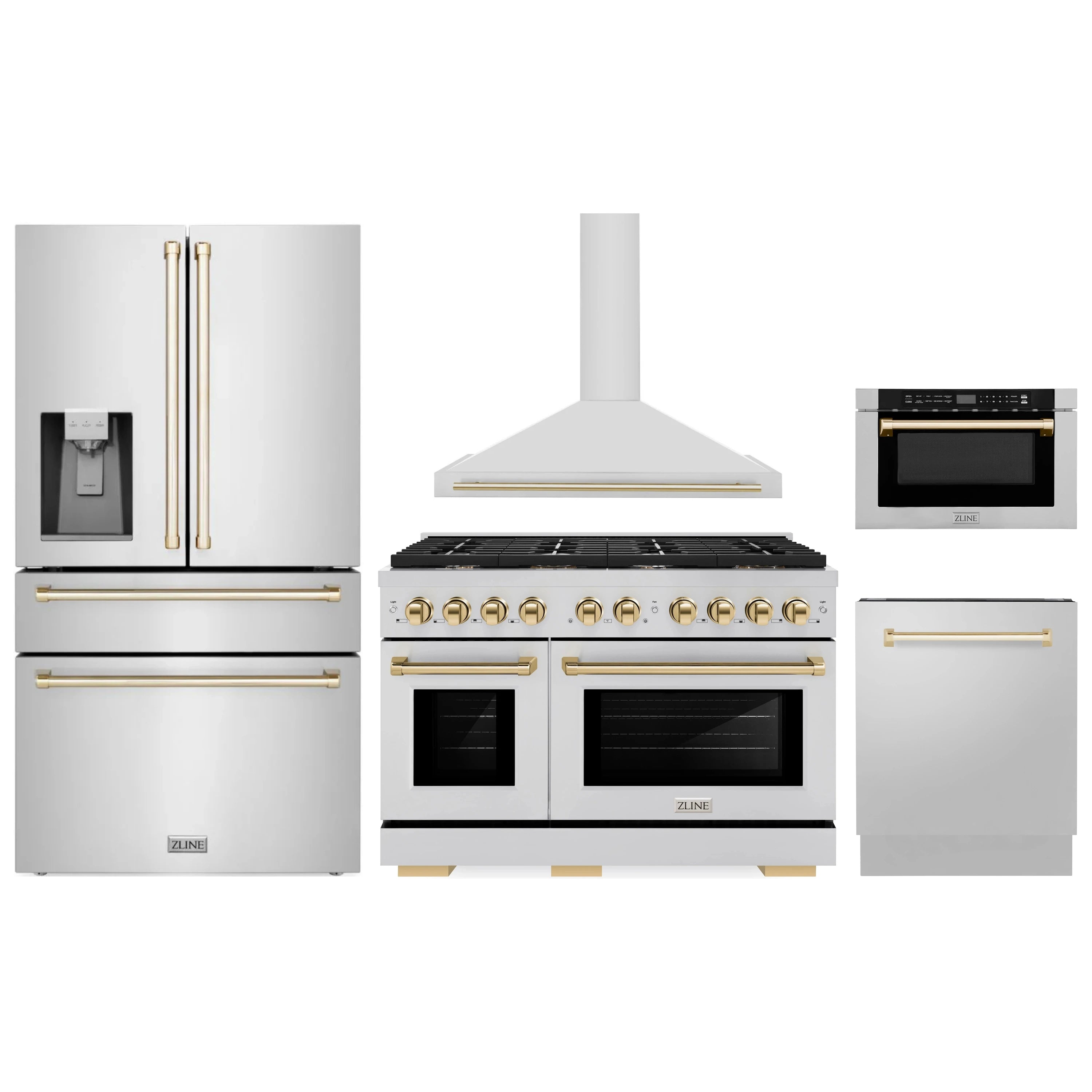 Stainless steel appliance package with gold accents: range, refrigerator, hood, dishwasher, microwave