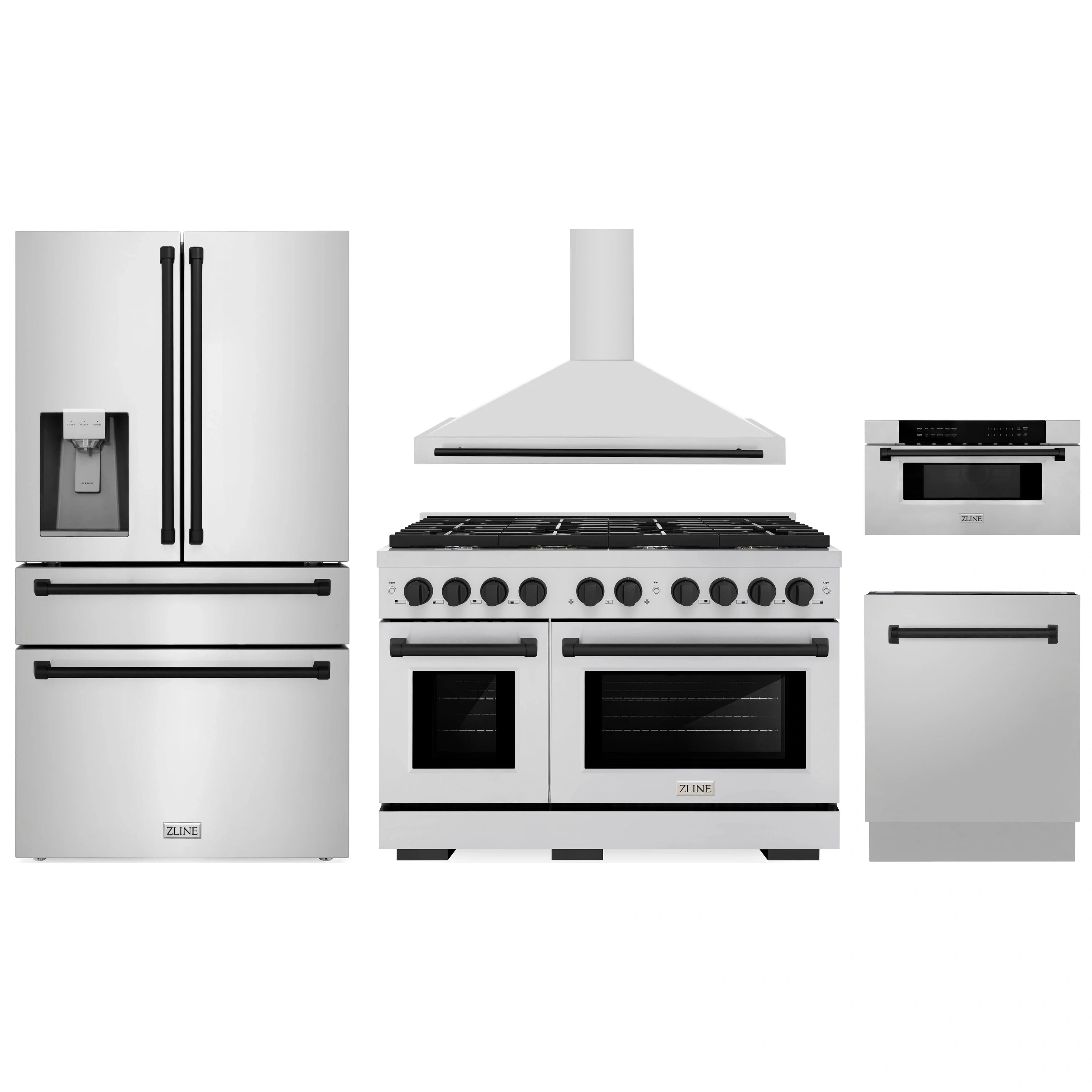 Stainless steel kitchen appliance set featuring refrigerator, range, range hood, and microwave