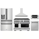 ZLINE 5-Piece Appliance Package - 48-Inch Paramount Dual Fuel Range, Wall Mount Range Hood, 36-Inch French Door Refrigerator with Water Dispenser, Dishwasher, and 30-Inch Microwave Drawer in Stainless Steel with Matte Black Accents