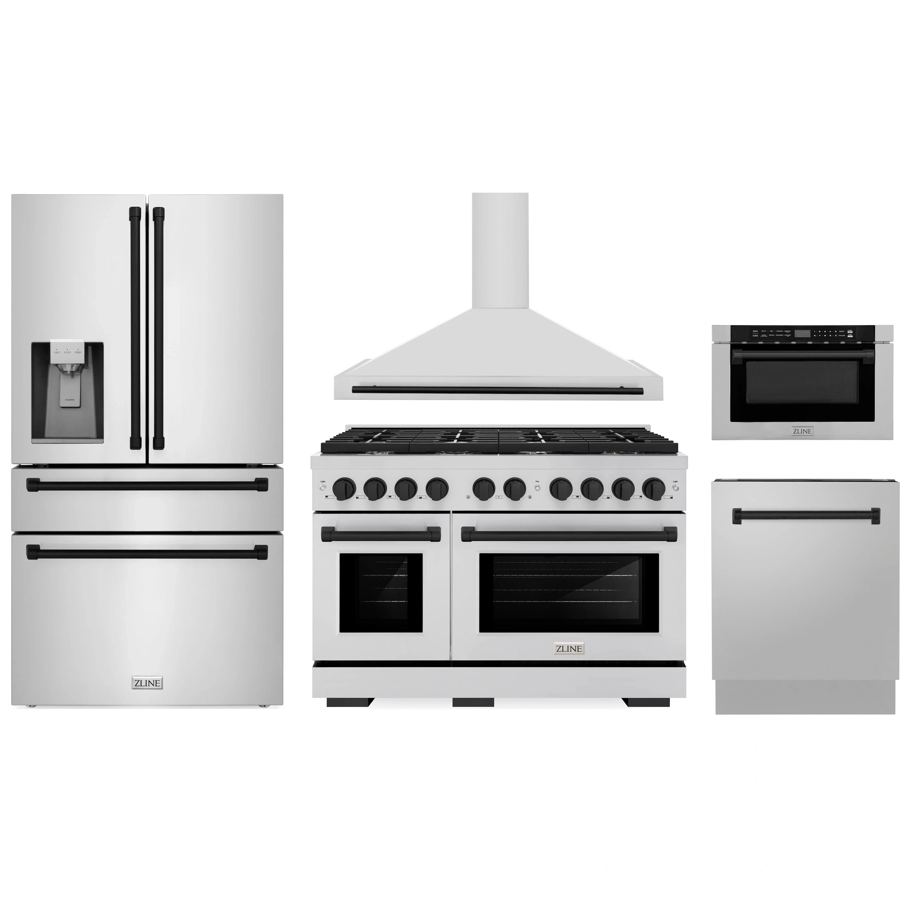 Stainless steel kitchen appliance package with range, hood, refrigerator, and drawers