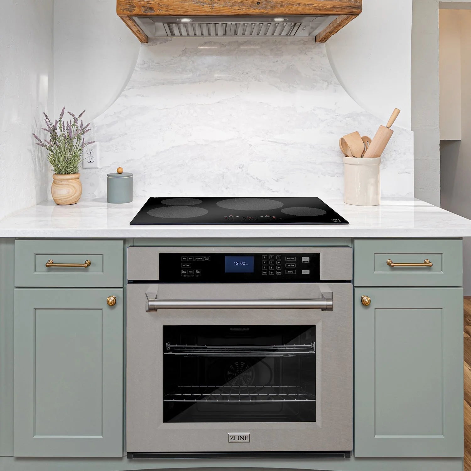 ZLINE 30-inch induction cooktop on countertop above built-in oven