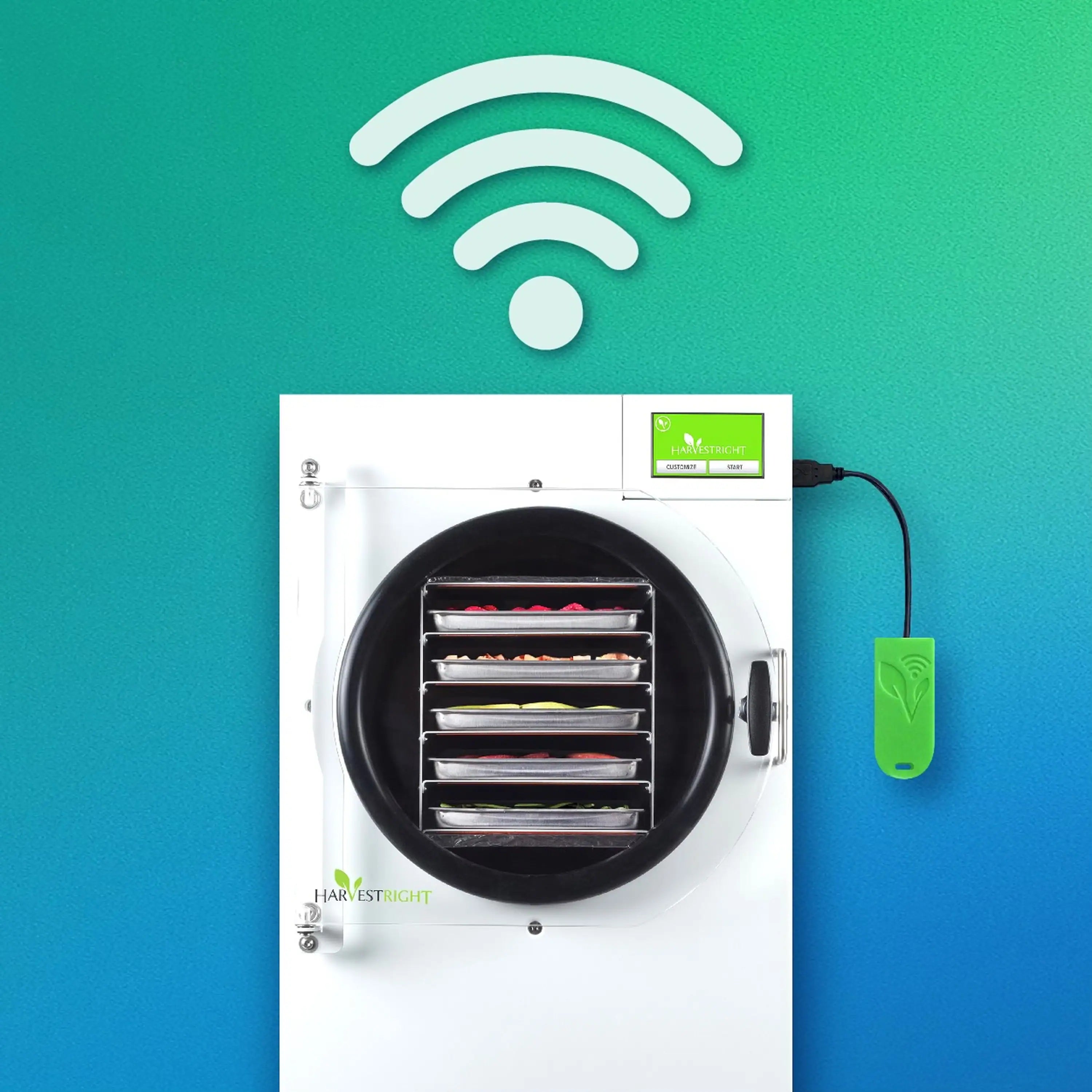 Food dryer unit with circular door and green WiFi USB dongle attached