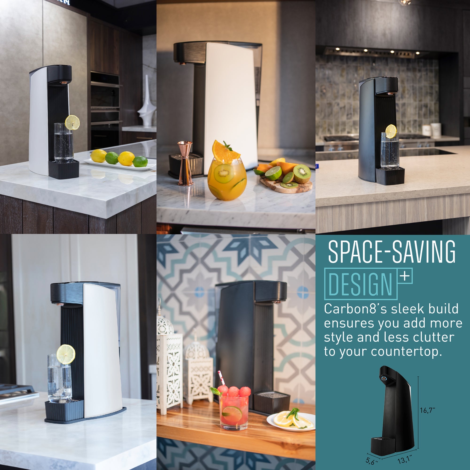 Carbon8 sparkling water maker showing compact design with glass and lemons