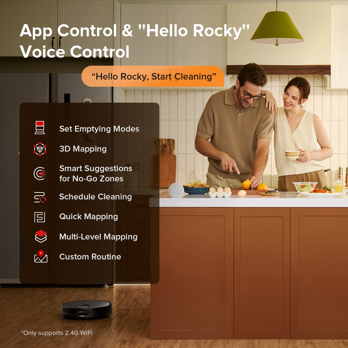 Robot vacuum in home with app control interface and voice command feature icons