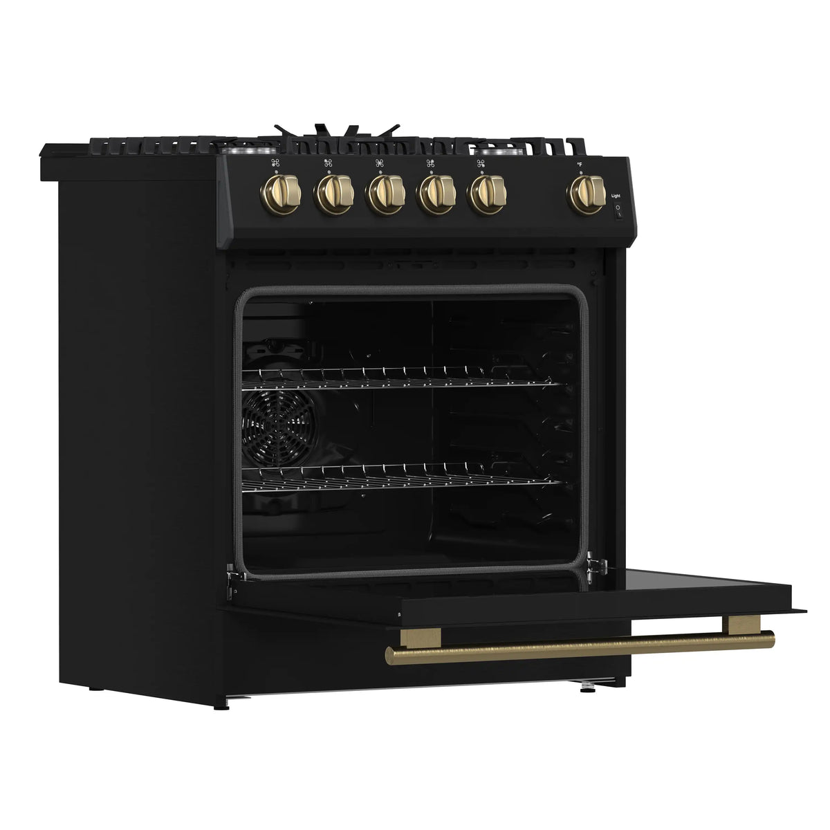Black gas range with brass knobs and open oven door showing racks.